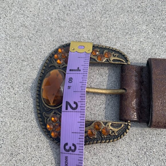 Vintage 90s Y2K Brown Leather Brass Rhinestone Stud Concho Boho Hip Belt - Picture 15 of 16